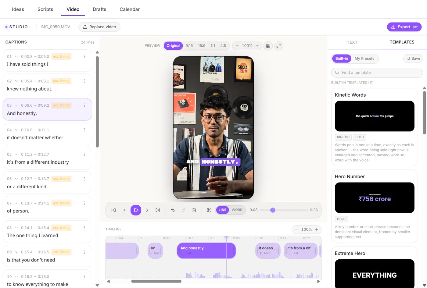 SocialRum Studio video editor with auto-generated captions, a caption timeline, and caption style templates