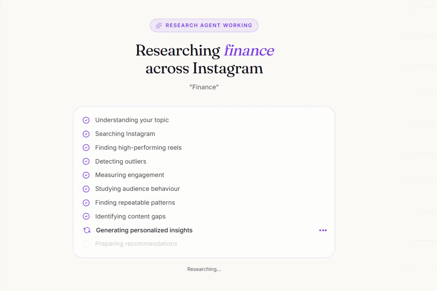 SocialRum AI research agent scanning Instagram for trending finance content, checking outliers, engagement, and audience behaviour