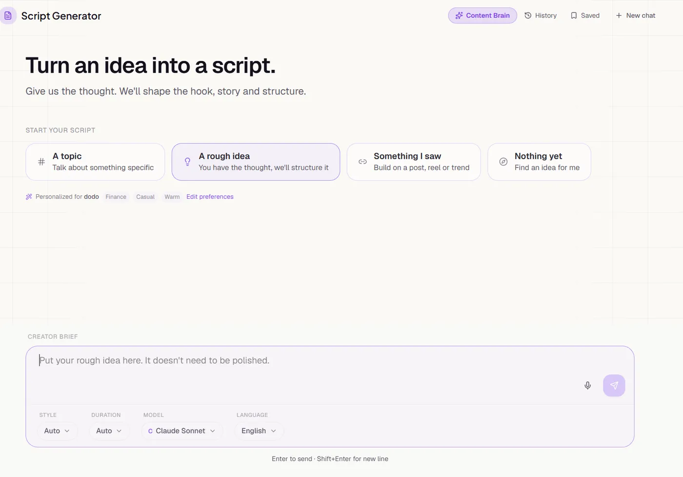 SocialRum AI script generator turning a rough idea into a Reel hook and script, personalized by niche, tone, and language